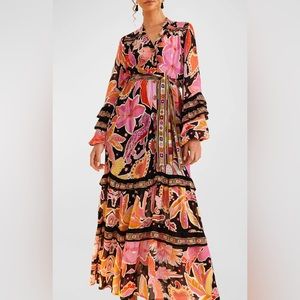 Farm Rio Black Enchanted Nature Midi Dress Size Small With Flaws